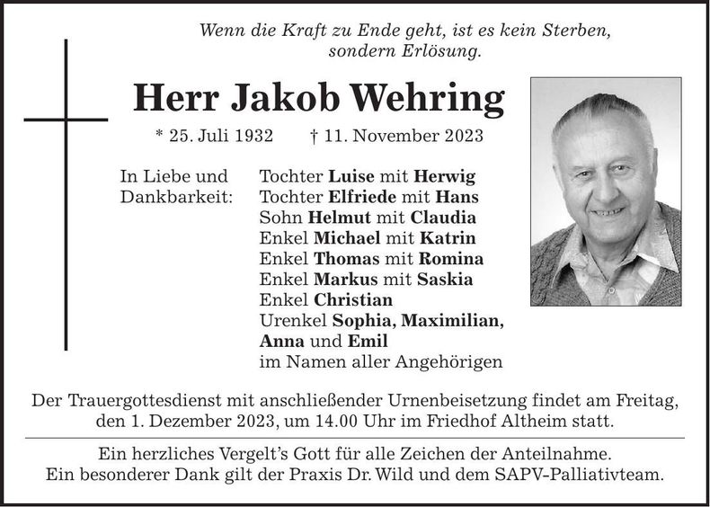 Traueranzeige Jakob Wehring