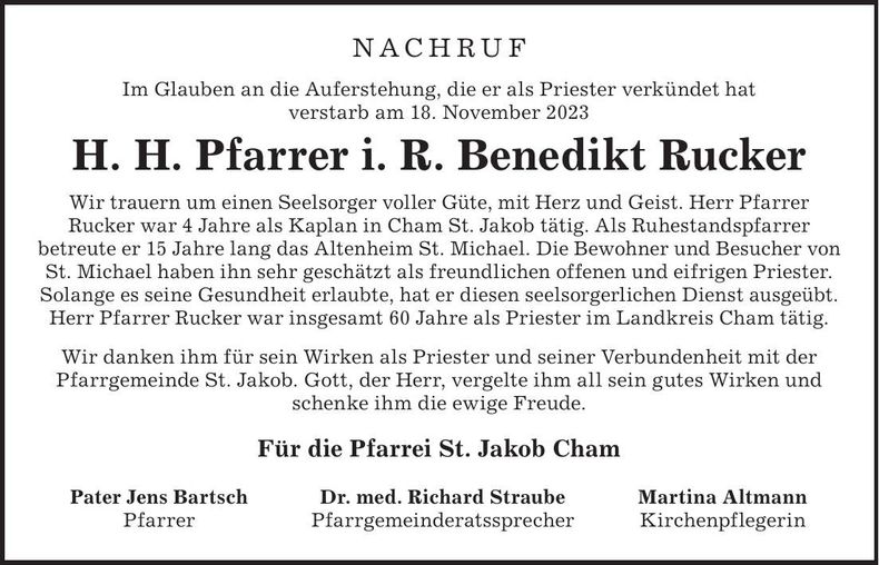 Traueranzeige Benedikt Rucker