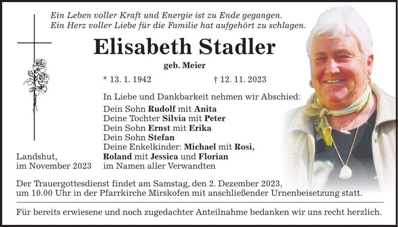Traueranzeige Elisabeth Stadler