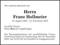Traueranzeige Franz Hollmeier