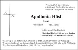 Traueranzeige Apollonia Hösl
