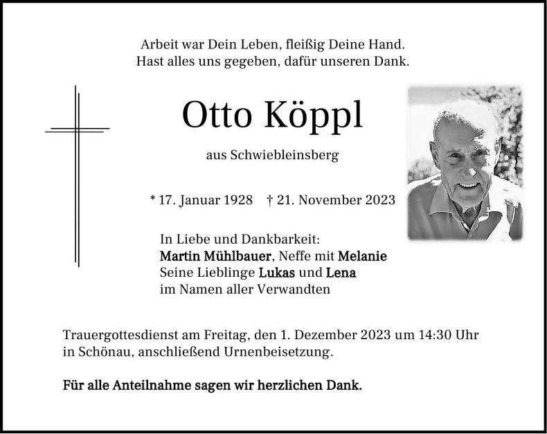 Traueranzeige Otto Köppl