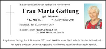 Traueranzeige Maria Gattung