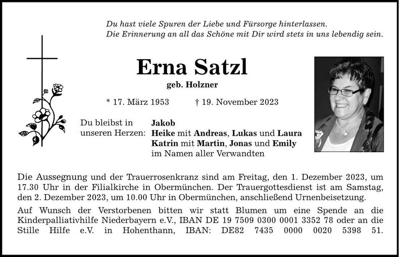 Traueranzeige Erna Satzl
