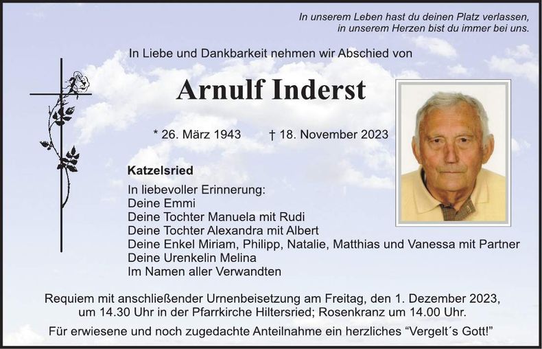 Traueranzeige Arnulf Inderst