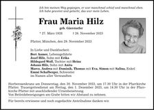 Traueranzeige Maria Hilz