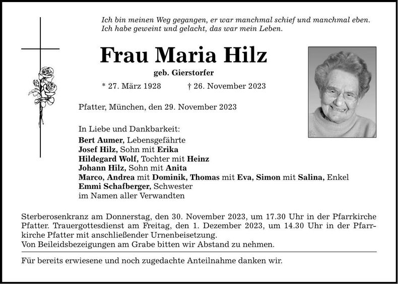 Traueranzeige Maria Hilz