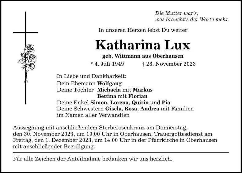 Traueranzeige Katharina Lux