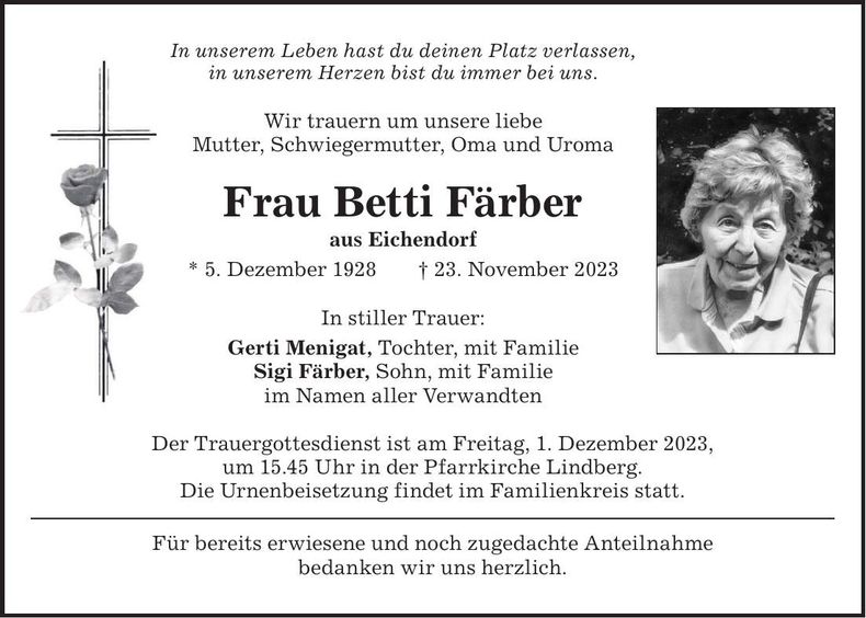 Traueranzeige Betti Färber