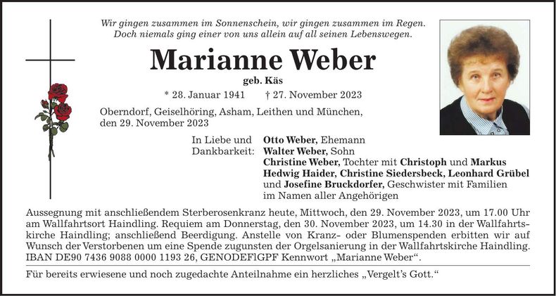 Traueranzeige Marianne Weber