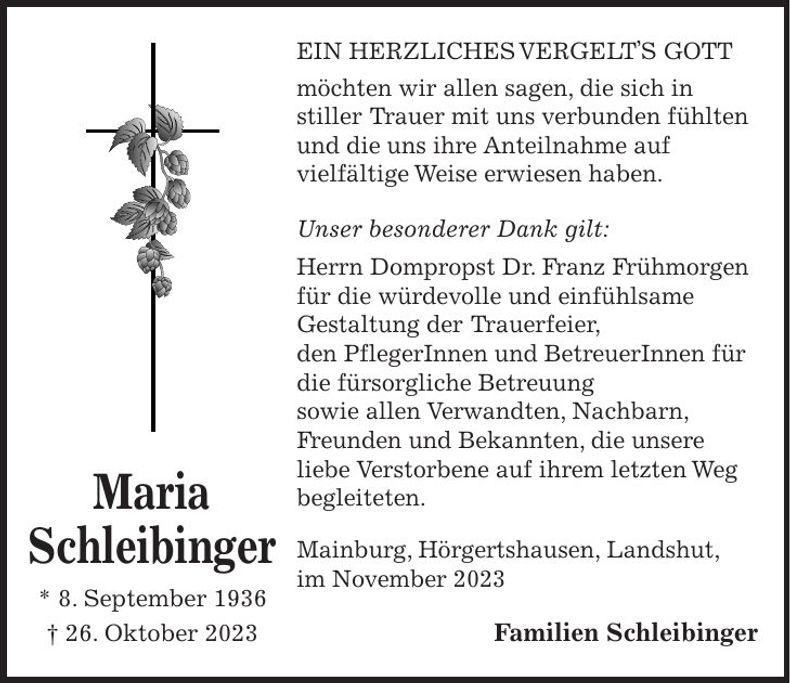 Traueranzeige Maria Schleibinger
