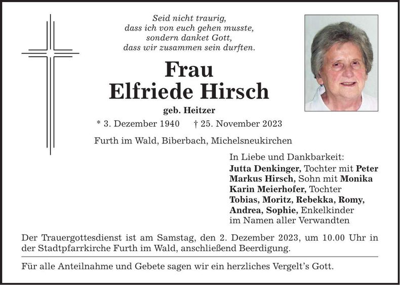 Traueranzeige Elfriede Hirsch