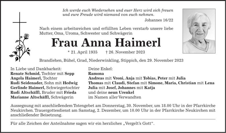 Traueranzeige Anna Haimerl