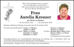 Traueranzeige Aurelia Kreuzer