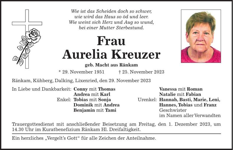 Traueranzeige Aurelia Kreuzer