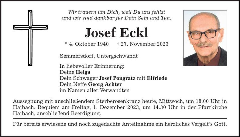 Traueranzeige Josef Eckl