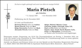 Traueranzeige Maria Pietsch