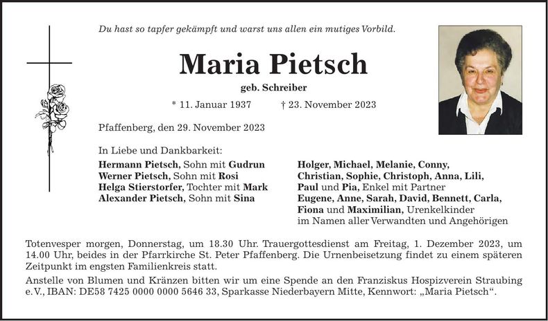 Traueranzeige Maria Pietsch
