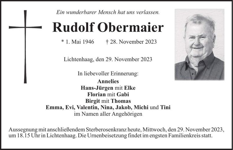 Traueranzeige Rudolf Obermaier