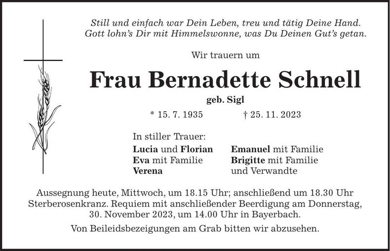 Traueranzeige Bernadette Schnell