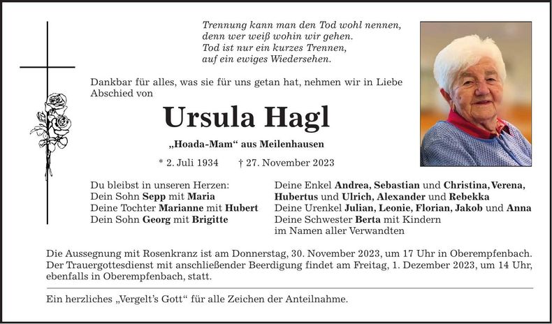 Traueranzeige Ursula Hagl