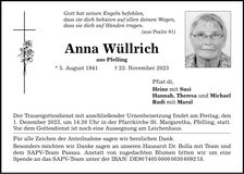 Traueranzeige Anna Wüllrich