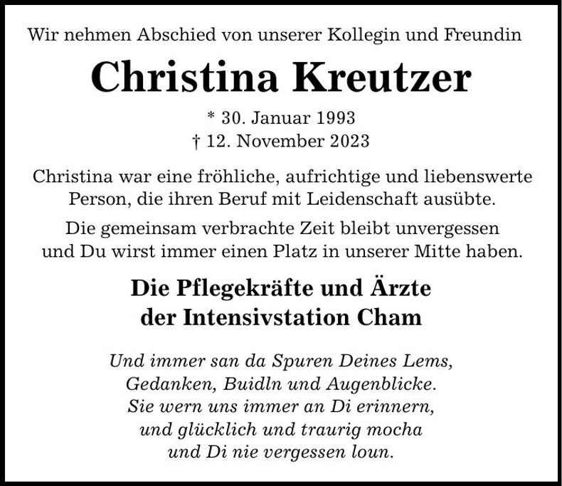 Traueranzeige Christina Kreutzer