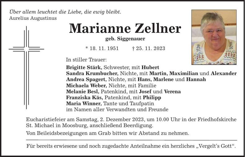 Traueranzeige Marianne Zellner