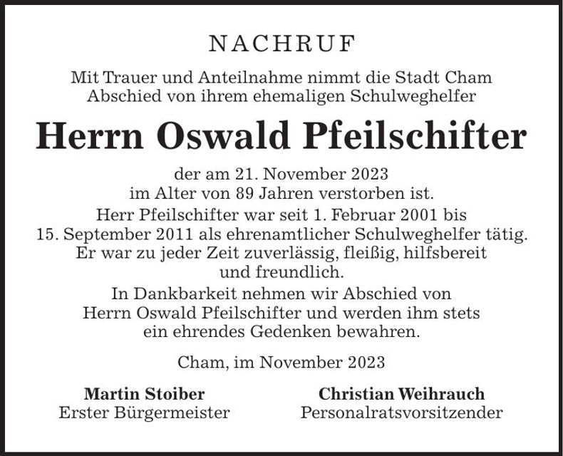 Traueranzeige Oswald Pfeilschifter