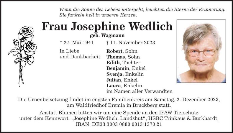 Traueranzeige Josephine Wedlich