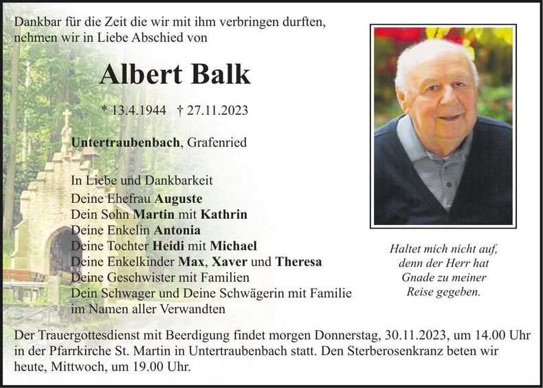 Traueranzeige Albert Balk