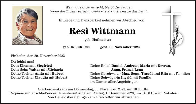 Traueranzeige Resi Wittmann