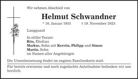 Traueranzeige Helmut Schwandner