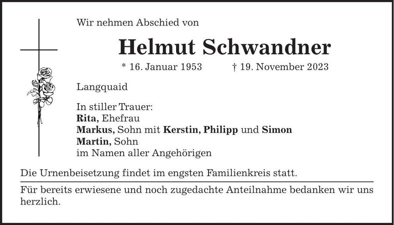 Traueranzeige Helmut Schwandner