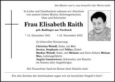 Traueranzeige Elisabeth Raith