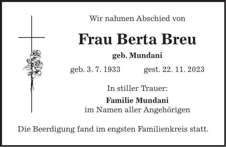 Traueranzeige Berta Breu
