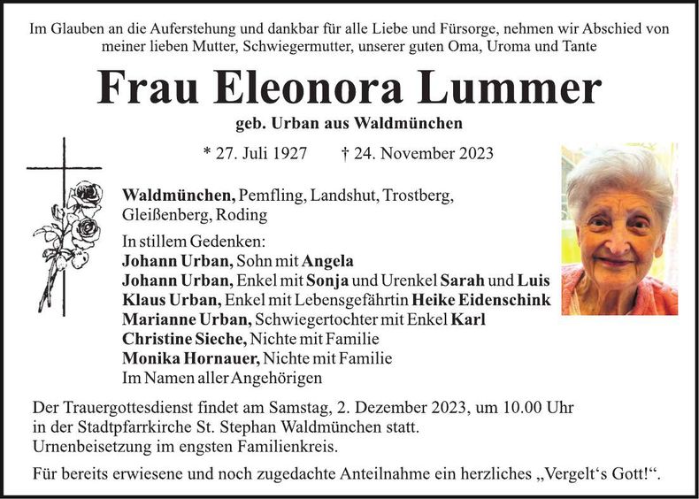 Traueranzeige Eleonora Lummer