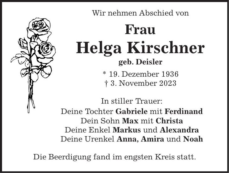 Traueranzeige Helga Kirschner