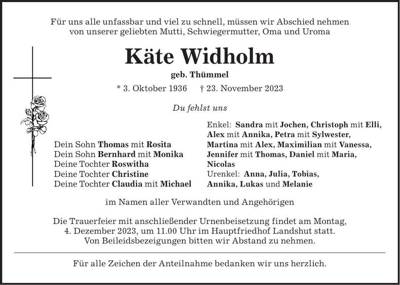 Traueranzeige Käte Widholm