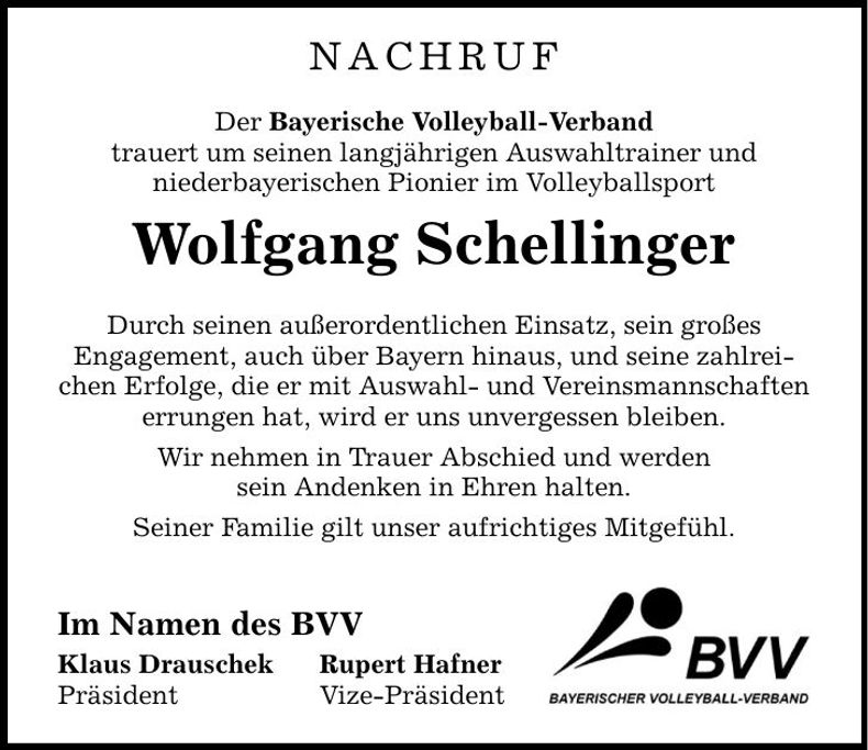 Traueranzeige Wolfgang Schellinger