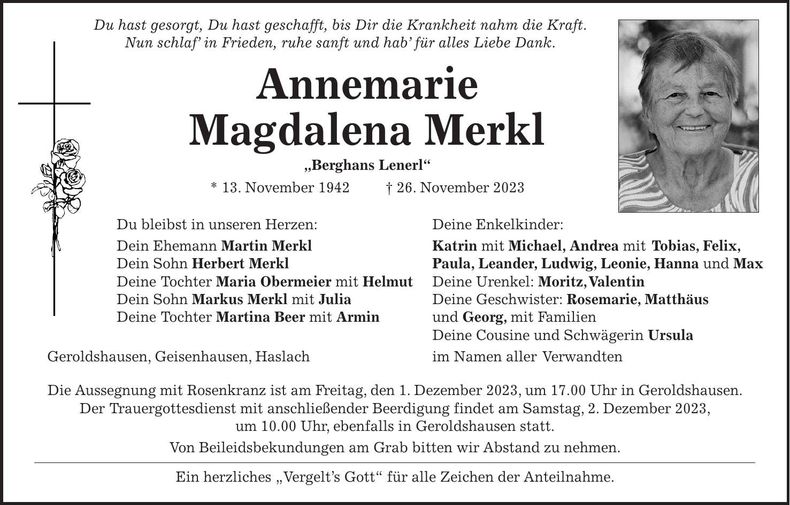 Traueranzeige Annemarie Merk