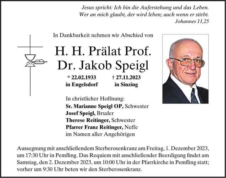 Traueranzeige Jakob Speigl