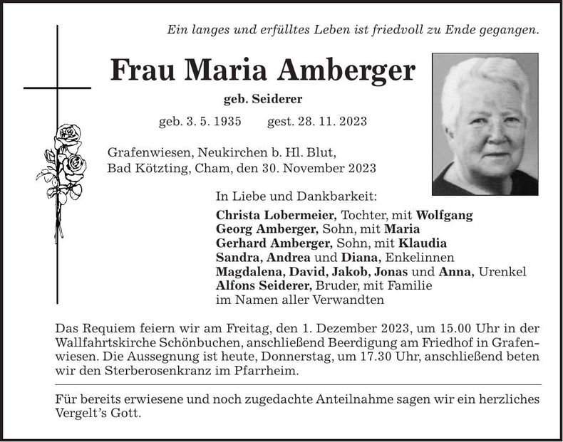 Traueranzeige Maria Amberger