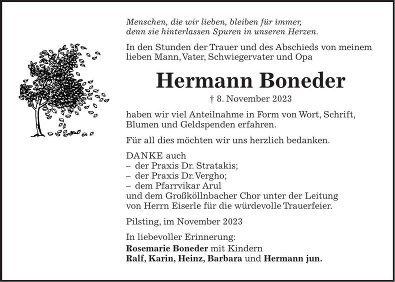Traueranzeige Hermann Boneder