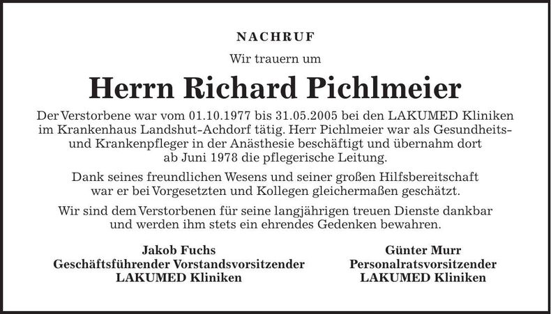 Traueranzeige Richard Pichlmeier