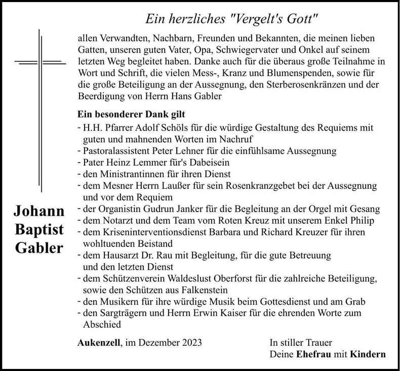 Traueranzeige Johann Baptist Gabler