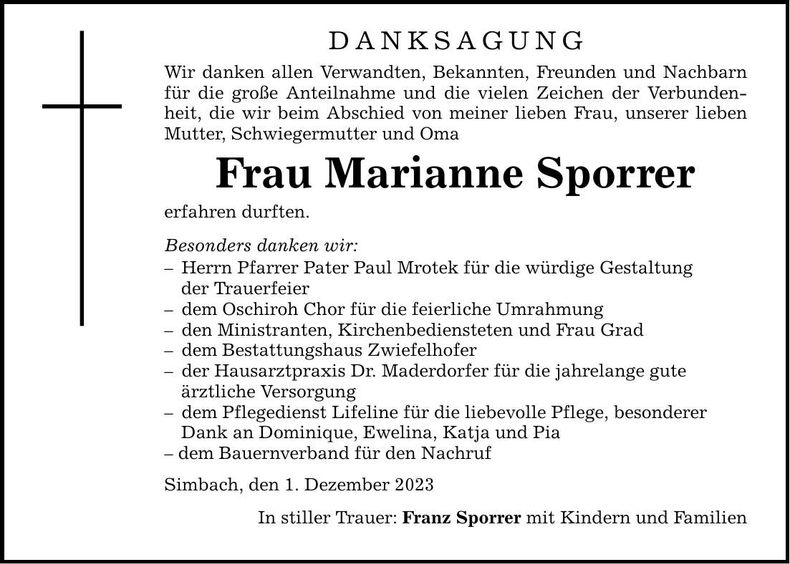 Traueranzeige Marianne Sporrer