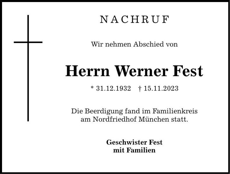 Traueranzeige Werner Fest