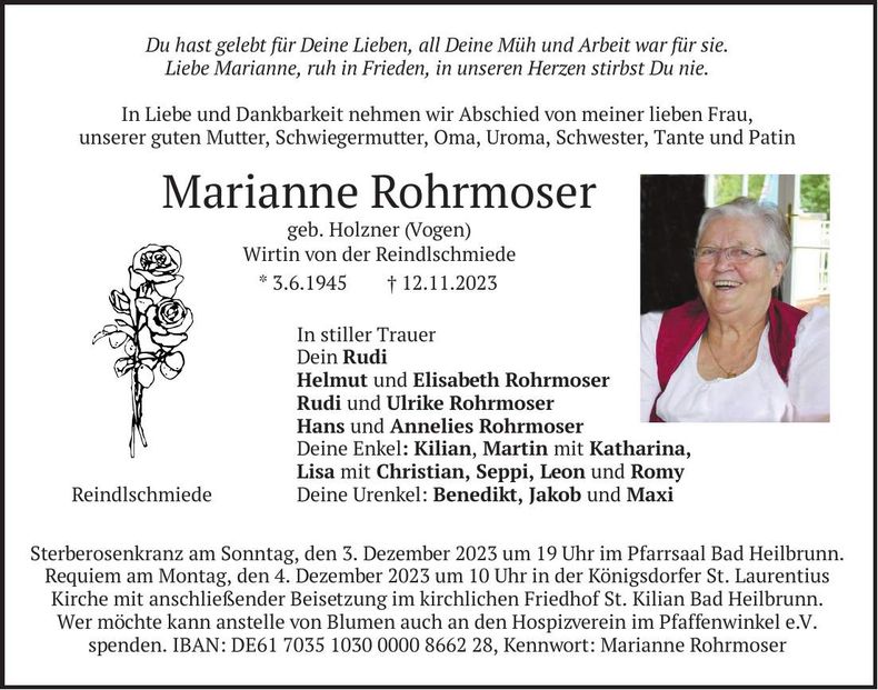 Traueranzeige Marianne Rohrmoser