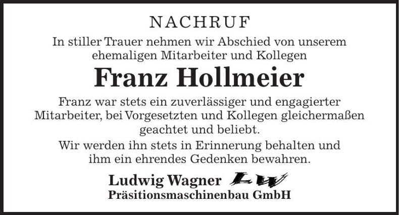Traueranzeige Franz Hollmeier